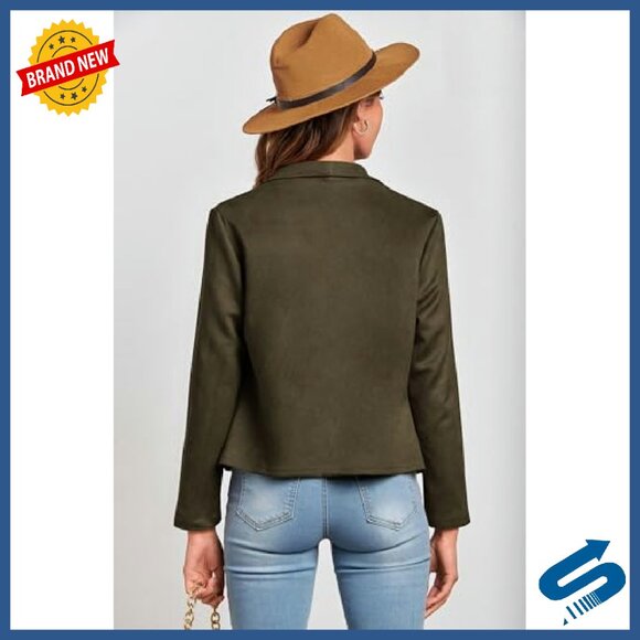 Faux Suede Cropped Jacket Open Front Waterfall Collar Women's Casual Coat - Picture 3 of 8